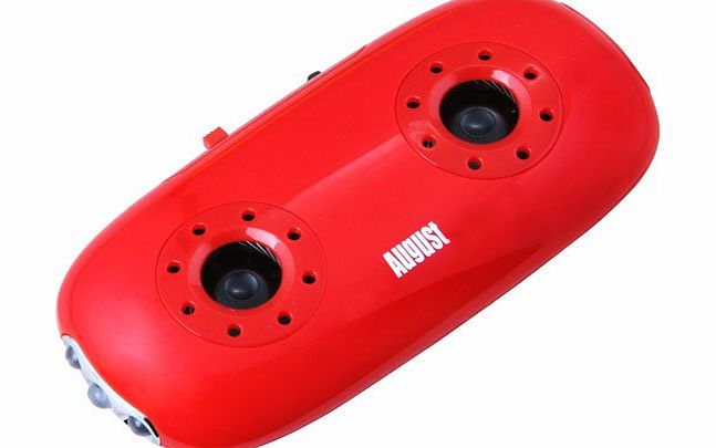 August MB100R Portable Stereo Speakers - MP3 Player with 3.5mm Audio In / Card Reader / LED Torch - Red