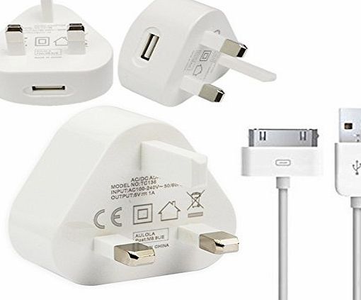 Aulola 3PIN UK Plug USB Port Mains Charger with 3M Long USB Data Sync Charger Cable Lead Compatible with iPhone 4 4S 3G 3GS iPod