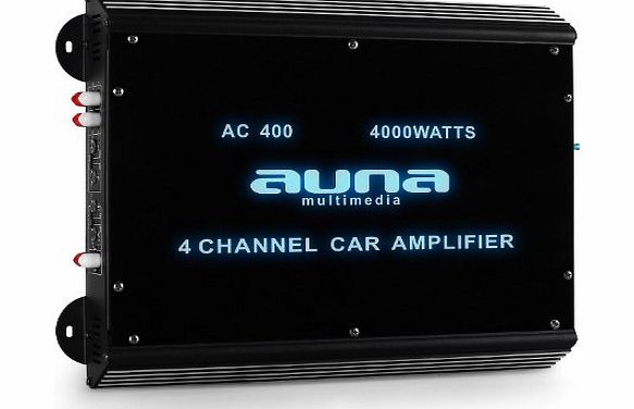 auna  W2-AC400 4-Channel Car Amplifier (Blue LED Lights, 4000W Max amp; Adjustable Low-Pass Filter) - Black