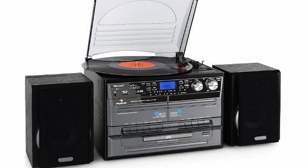 auna TC-386WE Retro Hifi Stereo (Twin Tape Deck, Record Player amp; CD Player) - Black