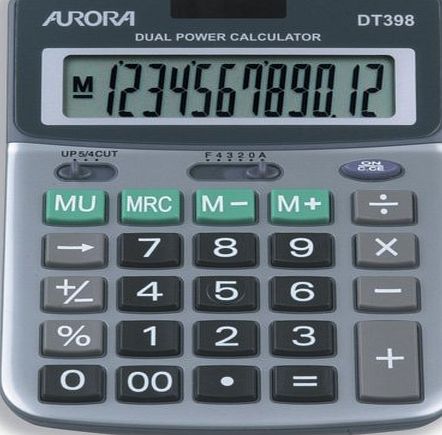 Aurora Calculator Desktop Battery/Solar-power 12 Digit 3 Key Memory 103x138x28mm Ref DT398