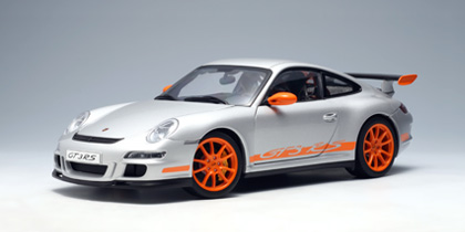 AUTOart Porsche 997 GT3 RS Silver / Orange Stripes.