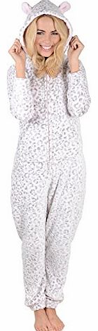 Ladies Embossed Leopard Fleece All In One PJs Sleepsuit Onesie Nightwear - M