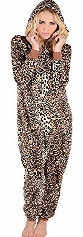 Ladies Leopard Print Fleece All In One Piece Pyjamas PJs Onesie With Hood - M