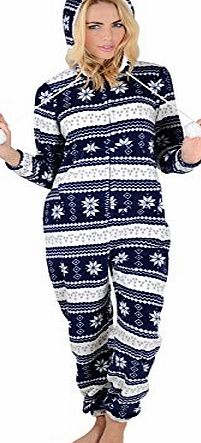 Autumn Faith Ladies Navy Snowflake Fleece All In One Pyjamas Sleepsuit Onesie Nightwear - XS