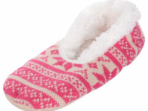 Ladies Pink Fairisle Knitted Snugg Slippers With Supersoft Sherpa Lining UK 7-8