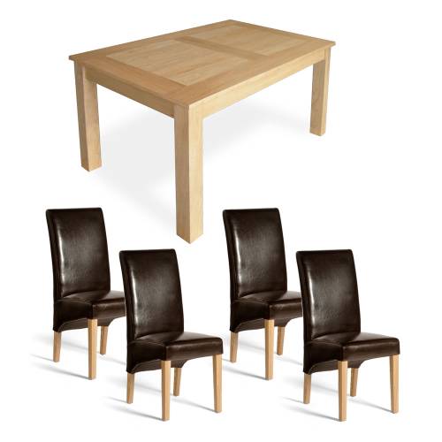 Oak Dining Set - 5 Table + 4 Leather Chairs
