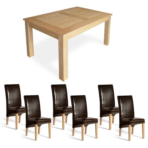 Oak Dining Set - 6 Table + 6 Leather Chairs