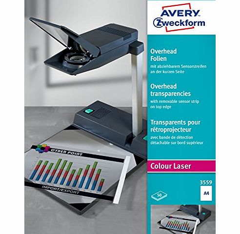 Avery Dennison Avery Zweckform 3559 Overhead Projector Transparencies Stackable with Special Coating for Colour Laser Printers Photocopiers and Removable Sensor Strip 50 Sheets
