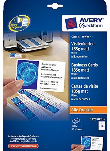 Avery Dennison Avery Zweckform Business Cards DIN A4 White 85 x 54 mm 185 g/m2 Matt Micro-Perforated for Inkjet Laser Photocopier Pack of 10 Sheets 100 Cards