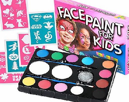 Awesome Fun Face Paint Face Paint Kit for Kids (47 Pieces) 12 Colour Palette: 30 Stencils, 2 Brushes, 2 Sponges, 1 Glitter. Best Quality Professional Face Painting Party Set. Safe Non-Toxic, Boys amp; Girls. Free Online Gu