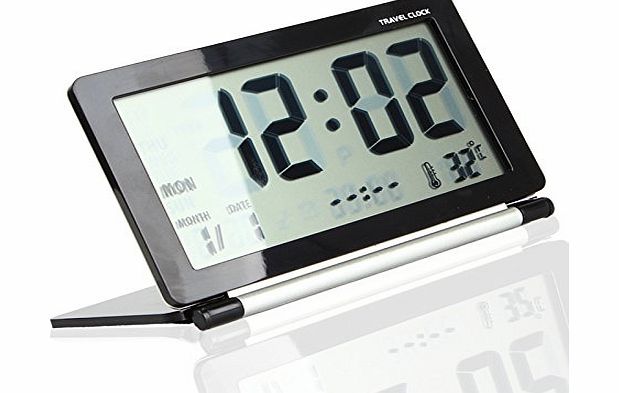 BAAKYEEK Multifunction Silent LCD Digital Large Screen Travel Desk Electronic Alarm Clock, Date/Time/Calendar/Temperature Display, Snooze, Folding (Black)