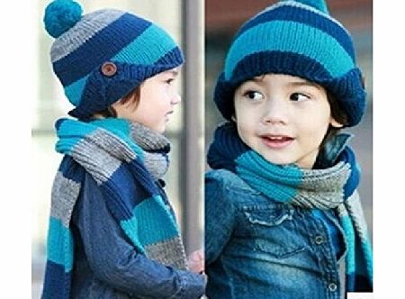 Babe Mall Inc Adorable Guaranteed Warm 2-in-1 Crocheted Winter Beanie and Scarf Set in Dual Colors and Stripes in Blue