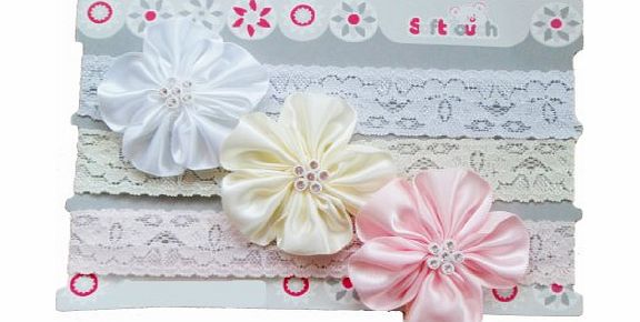 Baby Best Buys Baby Girls 3 Piece Lacey Headbands Gift Set IN VOILE GIFT BAG - 0-6 Months - Diamante Flowers