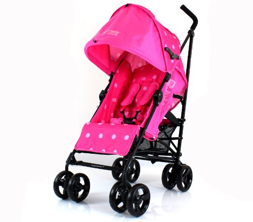 NEW ZETA VOOOM RASPBERRY (DOTS) BUGGY STROLLER PUSHCHAIR WITH LARGE SUN CANOPY HOOD with Rain Cover