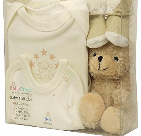  Baby Gift Set 0 - 3 Months - Bodysuit, Socks, Bib & Toy - Cream