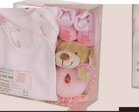  Baby Shower Gift Box Set 0 - 3 Months - Bodysuit, Bib, Toy, Socks in Gift Box - Pink