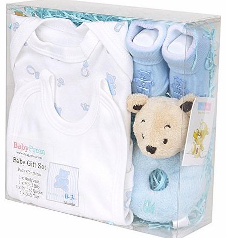  Baby Shower Gift Box Set 0 - 3 Months - Bodysuit, Socks, Bib and Toy - Blue