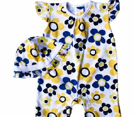 BabySafe Babywear 2 piece Girls Lovely Bright Floral Romper and Matcing Sun Hat set- Baby Girls Clothes (Size 12-18 months)