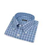 Bagutta Blue Checked Cotton Italian Button Down Dress Shirt