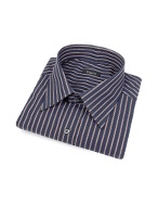 Bagutta Dark Blue and Brown Ribbon Striped Cotton Italian Dress Shirt