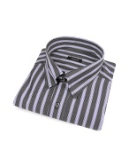 Bagutta Gray and Light Blue Striped Snap Collar Cotton Italian Dress Shirt