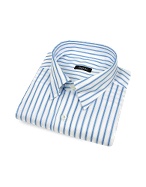 Bagutta White and Blue Striped Snap Collar Cotton Italian Dress Shirt