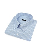 Bagutta White and Blue Striped Snap Collar Italian Cotton Dress Shirt