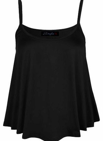 Women Ladies Camisole Thin Strap Stretchy Basic Plain Flared Swing Vest Top (XXL-UK(20-22), Black)