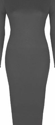 Baleza Womens Ladies Celebrity Inspired Long Sleeve Bodycon Midi Calf Length Dress - Normal and Big Sizes (L/XL (16-18), Charcoal)
