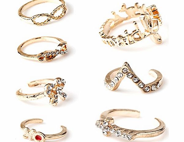 BAQI 1 Set 7PCS Punk Crystal Bowknot Knuckle Midi mid Finger Tip Stacking Rings