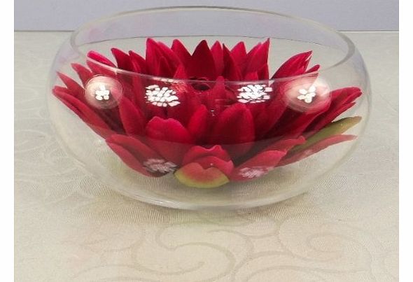 Complete Flower Arrangement Decorations - Water Lily Arrangement in Round Dish - Red