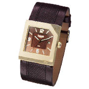 Mens Square Case Brown Textured Strap Watch
