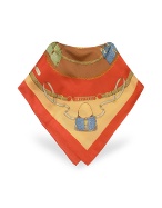 Basile Red and Peach Ornamental Printed Silk Square Scarf