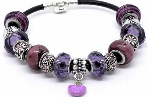 Purple Love Charm Bracelet - 20cm Leather Bracelet with 15 charms/beads - Ideal Birthday/Valentine/Mothers Day Gift.