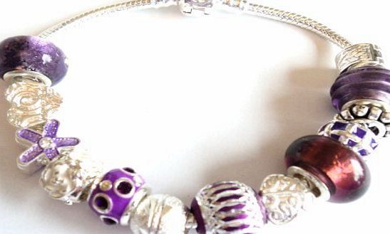Bay Jewellery Purple Rain Pandora/Troll Style Charm Bracelet- Ideal Birthday/Christmas Present - 20cm silver plated clasp bracelet - Packaged in a lovely organza gift bag