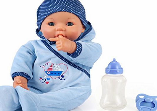 Bayer Design 9468300 46 cm ``Hello Baby Boy with Sounds Includes Pacifier and Bottle Move her Mouth`` Function Doll