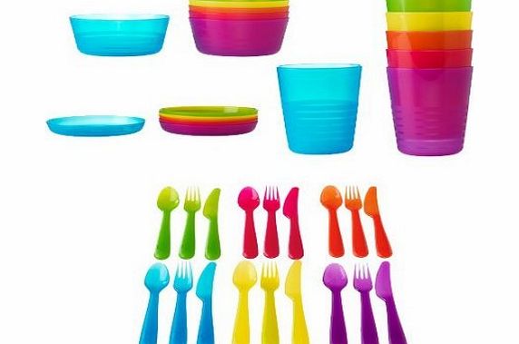 Ikea 36 Pcs Kalas Kids Safe Durable Plastic BPA Free Flatware, Bowl, Plate, Tumbler Set, Colorful