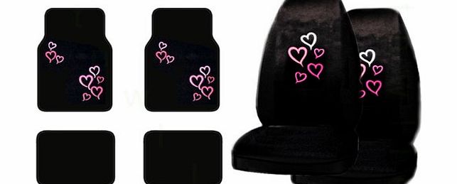 BDK A Set of 4 Universal Fit Red and Pink Hearts Plush Carpet Floor Mats and Set of 2 Front Seat Covers