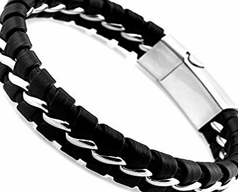 BE STEEL Jewellery 21cm Stainless Steel Mens Leather Bracelets, Wrap Bracelet, Color Silver