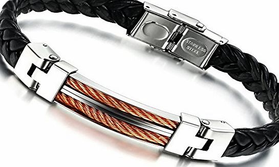 BE STEEL Jewellery Mens Leather Bracelet,Rose Gold Cable Inlay,Bangle,Black,Stainless Steel