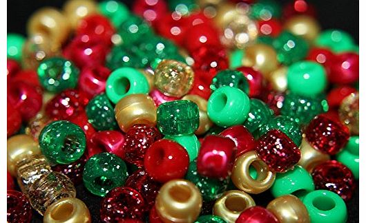 Beads and Charms 100 x Pony Beads 9mm x 6mm CHRISTMAS GOLD RED GREEN MIX - Opaque Bracelets Braiding Loom Bands Dummy Clips Hair Colour Acrylic Plastic Barrel Round Jewellery Findings - Beads and Charms
