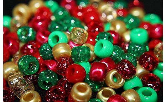 Beads and Charms 100 x Pony Beads 9mm x 6mm CHRISTMAS GOLD RED GREEN MIX - Opaque Bracelets Braiding Loom Bands Dummy