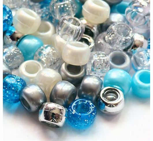 100 x Pony Beads 9mm x 6mm FROZEN WINTER BLUES MIXTURE MIX ASSORTMENT ASSORTED - Opaque Bracelets Braiding Loom Bands Dummy Clips Hair Colour Acrylic Plastic Barrel Round Jewellery Findings
