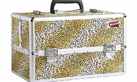 Beautify Professional Large African Leopard Print Aluminium 8 compartment Beauty Box Cosmetics 