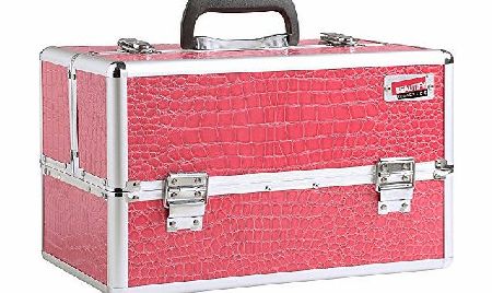 Professional Large Faux Pink Crocodile Patterned Aluminium 8 compartment Beauty Cosmetics & Make Up Case