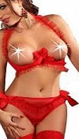 Seductive Red Halter Neck Open Cup Bra & Brief Set With Ruffles Around Bust And Brief With Large Red Satin Bows - L/XL (UK 12-16)