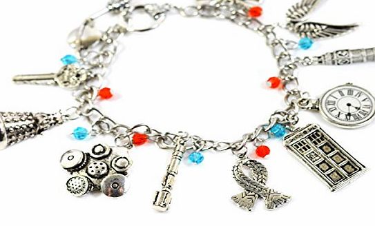 Beaux Bijoux DOCTOR WHO Silver Tone `` TV Inspired Charm Bracelet With Dalek Robot, Tardis,London Eye, Clock, Scarf And More Charms