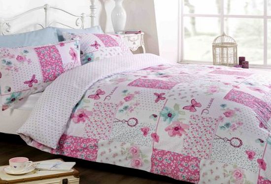 Bedding Den Dream Patchwork Duvet Cover Quilt Bedding Set, Pink, Double (Flowers amp; Butterflies)