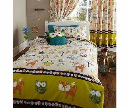 DOUBLE BED DUVET COVER & 2 PILLOW CASES SET WOODLAND CREATURES, OWLS, FOX, FLOWERS / TREES, BROWN, ORANGE, GREEN